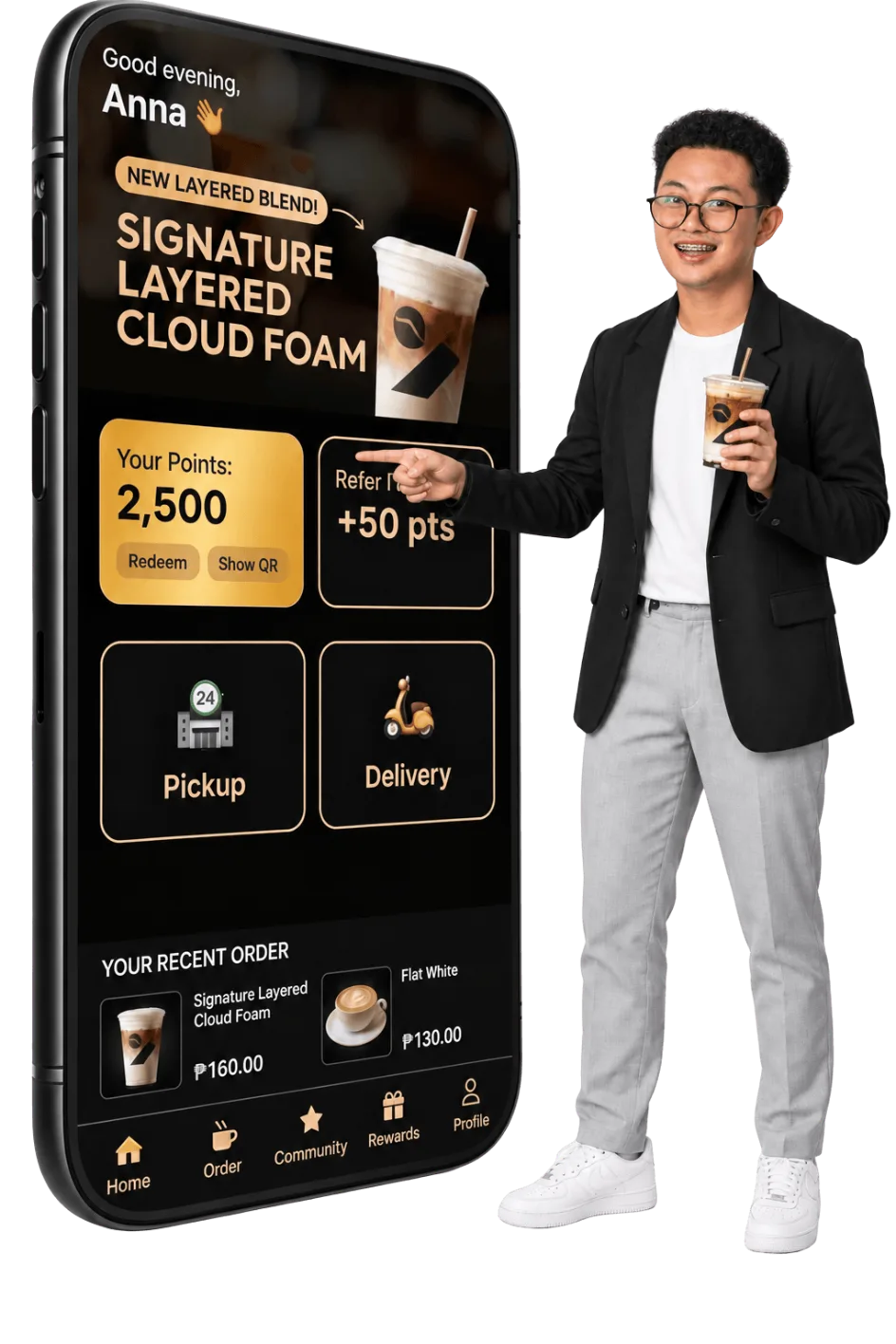 But First, Coffee mobile app shown on a phone
